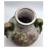 Chinese Crackle Glaze Vase with Floral and Butterfly Motifs Green Handles