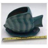 Vintage Teal Ceramic Fish Planter or Planter Pot Angelfish Shape with Saucer