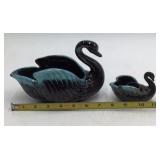 Vintage Black Swan Ceramic Planter Set Teal Drip Glaze Mother and Baby Novelty