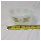 Vintage Fire-King Milk Glass Mixing Bowl Green Clover Flower Pattern
