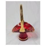 Vintage Ruby Red Glass Basket Vase – Gold Overlay Floral Design with Handle