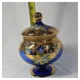 Vintage Cobalt Blue & Gold Enamel Trinket Jar – Floral & Scroll Design with Lid