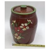 Vintage Brown Glazed Ceramic Canister with Hand-Painted Floral Design Green Lid