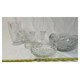 Vintage Crystal Glass Lot – Etched Vase, Candelabra, & Floral Bowls