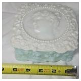 Vintage Milk Glass & Blue Cameo Jewelry Box – Lady Profile Lid with Floral Relief