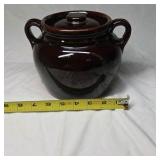 Vintage Brown Glazed Crockery Bean Pot – Two Handles with Lid, USA Marked