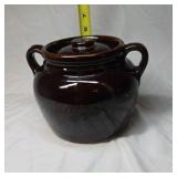 Vintage Brown Glazed Crockery Bean Pot – Two Handles with Lid, USA Marked