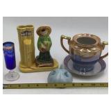Vintage Ceramic Lot – Souvenir Bamboo Vase, Chinese Boy Figurine, Blue Cordial, Lusterware Sugar Bowl & Saucer, Footed Porcelain Bowl
