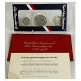 1976 1776-1976 Bicentennial 40% Silver Uncirculated 3 Coin Set - original pacakge with COA, red packet has fire damage 1976 1776-1976 Bicentennial 40% Silver Uncirculated 3 Coin Set - original pacakge with COA, red packet has fire damage