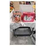 Coca Cola Dishes , and unopened tin with railroad toy on top Coca Cola Dishes , and unopened tin with railroad toy on top