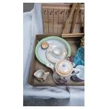 Vanity Components with Tea set and misc Vanity Components with Tea set and misc