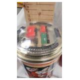 Coca Cola Dishes , and unopened tin with railroad toy on top Coca Cola Dishes , and unopened tin with railroad toy on top