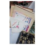 Vintage Wood Blocks, Sewing Box, Handkerchiefs, etc Vintage Wood Blocks, Sewing Box, Handkerchiefs, etc