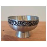 Vintage Pewter Footed Bowl by Vaga Norsk Tinn (Norway) / Ornate Rosemailing design / #31 3 1/2' x 6 1/2'
