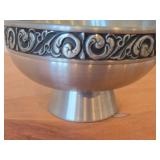 Vintage Pewter Footed Bowl by Vaga Norsk Tinn (Norway) / Ornate Rosemailing design / #31 3 1/2' x 6 1/2'
