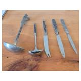 Norwegian Pewter Ladle Spoon (Souvenir of Norway) 9' (x1), Norwegian Letter Opener with Pewter Handle 9' (x2), Norwegian Utensils with Pewter Handle 8-1/2' (x2)