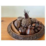 Vintage Hand-Carved Monkey Pod Wood Set of Fruit in Decorative Bowl