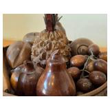Vintage Hand-Carved Monkey Pod Wood Set of Fruit in Decorative Bowl