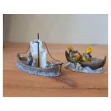 Lot of (2) Fishermen In Boats theme Handpainted Resin Figurines (Norway)