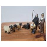 Vintage Authentic Hand-carved Handpainted Wooden Nativity Scene - Shepherds (x2), Wise Man (x1), Rams (x3), Cow (x1) 7-piece by Henning Engelsen (Norway)