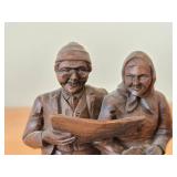 Vintage Man and Woman Sitting on a Log theme Handcarved Wooden Figurine
