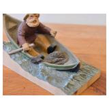 Vintage Man in Row Boat Amidst a Storm theme Authentic Handcrafted Hand carved Wooden Sculpture by Henning Engelson (Norway)
