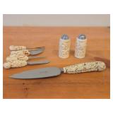 French Ivory Handled Stainless Steel Flatware - Salt and Pepper Shakers, Cake Server, Butter Knife, Knives (x2), Olive Forks (x2) by Sheffield (England)