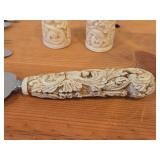 French Ivory Handled Stainless Steel Flatware - Salt and Pepper Shakers, Cake Server, Butter Knife, Knives (x2), Olive Forks (x2) by Sheffield (England)