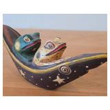 Two Frogs in a Boat theme Hand Carved Hand-painted Wood Folk Art Figurine