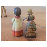 Lot of (2) Vintage Hand Carved Wooden Figurines by Anri - Girl With Harp, Girl with Goose
