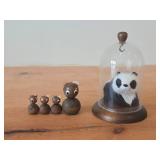 Lot of (5) Vintage Figurines - Panda Bear with Real Fur Covered Wood Figurine with wood base and glass cover, Mid century Modern Teal Wood Cat Family Danish Style 4' long Set of 4