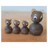Lot of (5) Vintage Figurines - Panda Bear with Real Fur Covered Wood Figurine with wood base and glass cover, Mid century Modern Teal Wood Cat Family Danish Style 4' long Set of 4