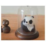 Lot of (5) Vintage Figurines - Panda Bear with Real Fur Covered Wood Figurine with wood base and glass cover, Mid century Modern Teal Wood Cat Family Danish Style 4' long Set of 4