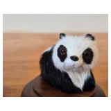 Lot of (5) Vintage Figurines - Panda Bear with Real Fur Covered Wood Figurine with wood base and glass cover, Mid century Modern Teal Wood Cat Family Danish Style 4' long Set of 4