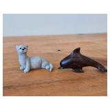 Lot of (2) Figurines - Hand Carved Dark Wood Dolphin Figurine (possible Rosewood) 3-1/2', Quarry Critters Opie Otter Figurine by Second Nature Design made of faux stone/resin