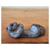 Lot of (2) Vintage Figurines - Wolf Original Floating Otter Figurine Black Soapstone (Canada) 4' long, Japanese Netsuka Miniature Rabbit Figurine 2' long