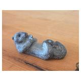 Lot of (2) Vintage Figurines - Wolf Original Floating Otter Figurine Black Soapstone (Canada) 4' long, Japanese Netsuka Miniature Rabbit Figurine 2' long