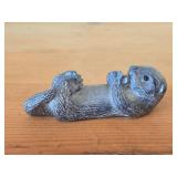 Lot of (2) Vintage Figurines - Wolf Original Floating Otter Figurine Black Soapstone (Canada) 4' long, Japanese Netsuka Miniature Rabbit Figurine 2' long