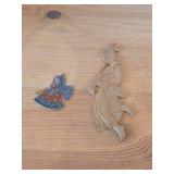 Lot of (2) Vintage Figurines - Flat Pewter Christmas Ornament Depicting an Angel Blowing a Horn (by Kathe Wohlfahart in Germany) 2-1/4' tall, Hand Carved Hindu Deity Lord Krishna Playing a Flute 7' ta