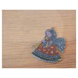 Lot of (2) Vintage Figurines - Flat Pewter Christmas Ornament Depicting an Angel Blowing a Horn (by Kathe Wohlfahart in Germany) 2-1/4' tall, Hand Carved Hindu Deity Lord Krishna Playing a Flute 7' ta