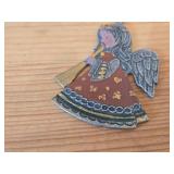 Lot of (2) Vintage Figurines - Flat Pewter Christmas Ornament Depicting an Angel Blowing a Horn (by Kathe Wohlfahart in Germany) 2-1/4' tall, Hand Carved Hindu Deity Lord Krishna Playing a Flute 7' ta