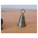 Vintage Cast Iron Miniature Sad Swan 3'x2', Etched Brass Bell from 1950's Bells of Soma from India 2-1/2' tall