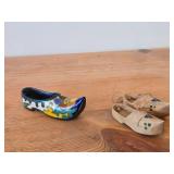 Lot of (2) Miniature Handpainted Clog From Gouda Pottery (Holland) 4-1/2' long, Pair of Miniature Dutch Wooden Shoes Klompen 3' long