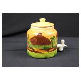 Hand-Painted Ceramic Spigot Jar with Lid - Tropical Village Scene Hand-Painted Ceramic Spigot Jar with Lid - Tropical Village Scene