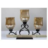 Three-Arm Wrought Iron Candelabra with Amber Glass Shades Three-Arm Wrought Iron Candelabra with Amber Glass Shades