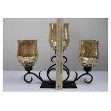 Three-Arm Wrought Iron Candelabra with Amber Glass Shades Three-Arm Wrought Iron Candelabra with Amber Glass Shades