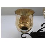 Three-Arm Wrought Iron Candelabra with Amber Glass Shades Three-Arm Wrought Iron Candelabra with Amber Glass Shades