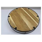 Round Wooden Serving Tray - Black Metal Wire Frame Stand Round Wooden Serving Tray - Black Metal Wire Frame Stand