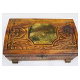 Vintage Carved Wooden Jewelry Box with Landscape Inlay & Interior Mirror Vintage Carved Wooden Jewelry Box with Landscape Inlay & Interior Mirror