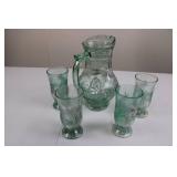 Green Glass Pitcher with Palm Tree Etching & 4 Matching Glasses Green Glass Pitcher with Palm Tree Etching & 4 Matching Glasses
